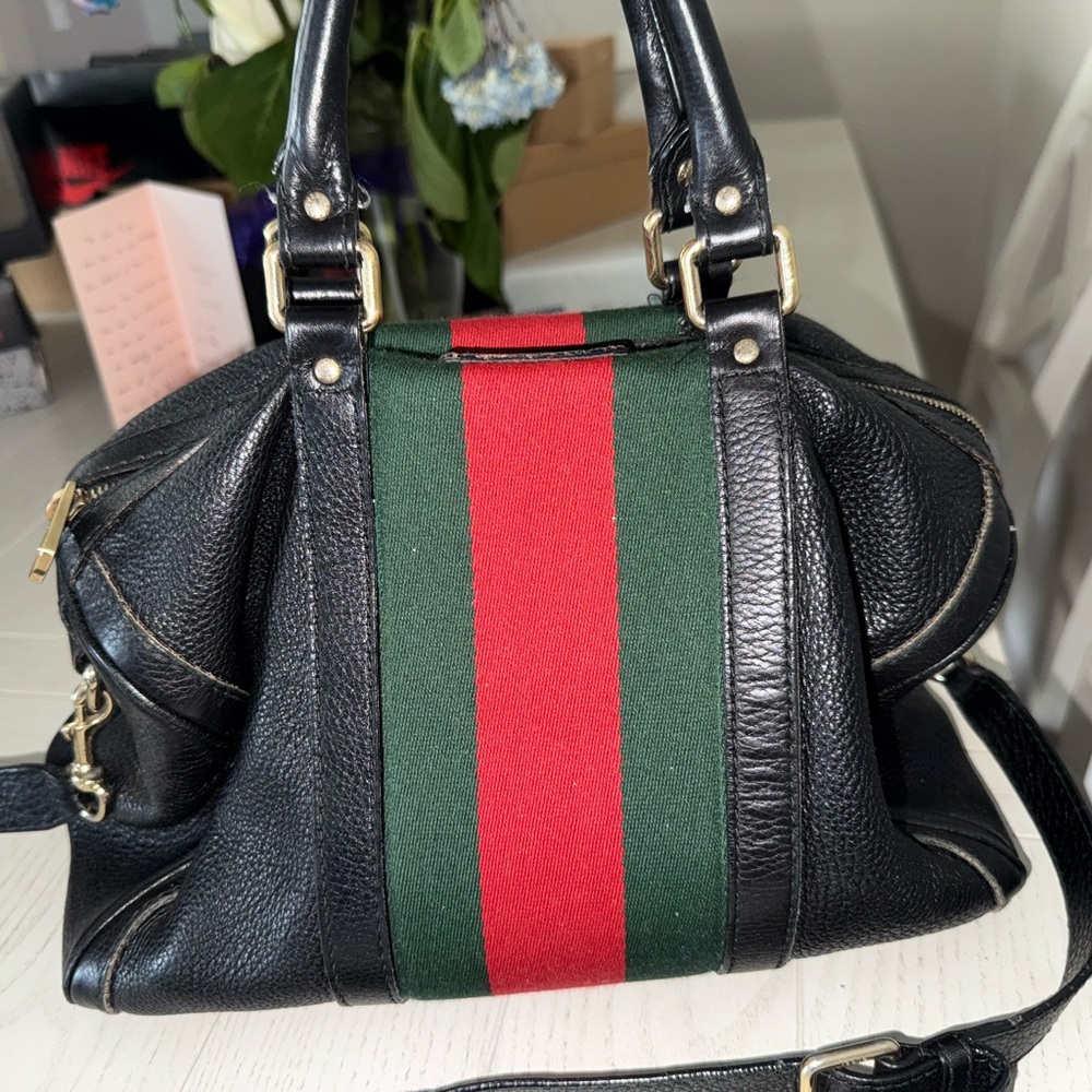 Gucci Black Leather Satchel with Green and Red Stripe